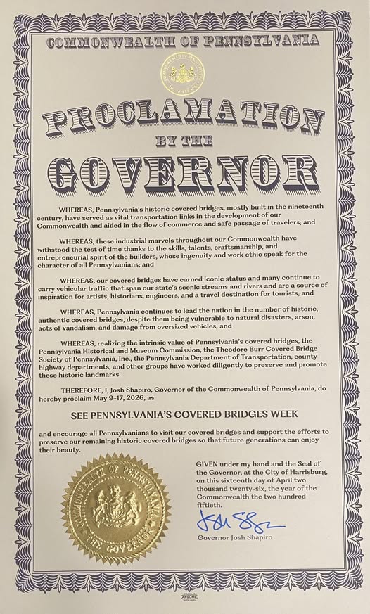 Governor Josh Shapiro's Proclamation declaring May 9–17, 2026 as See Pennsylvania's Covered Bridges Week
